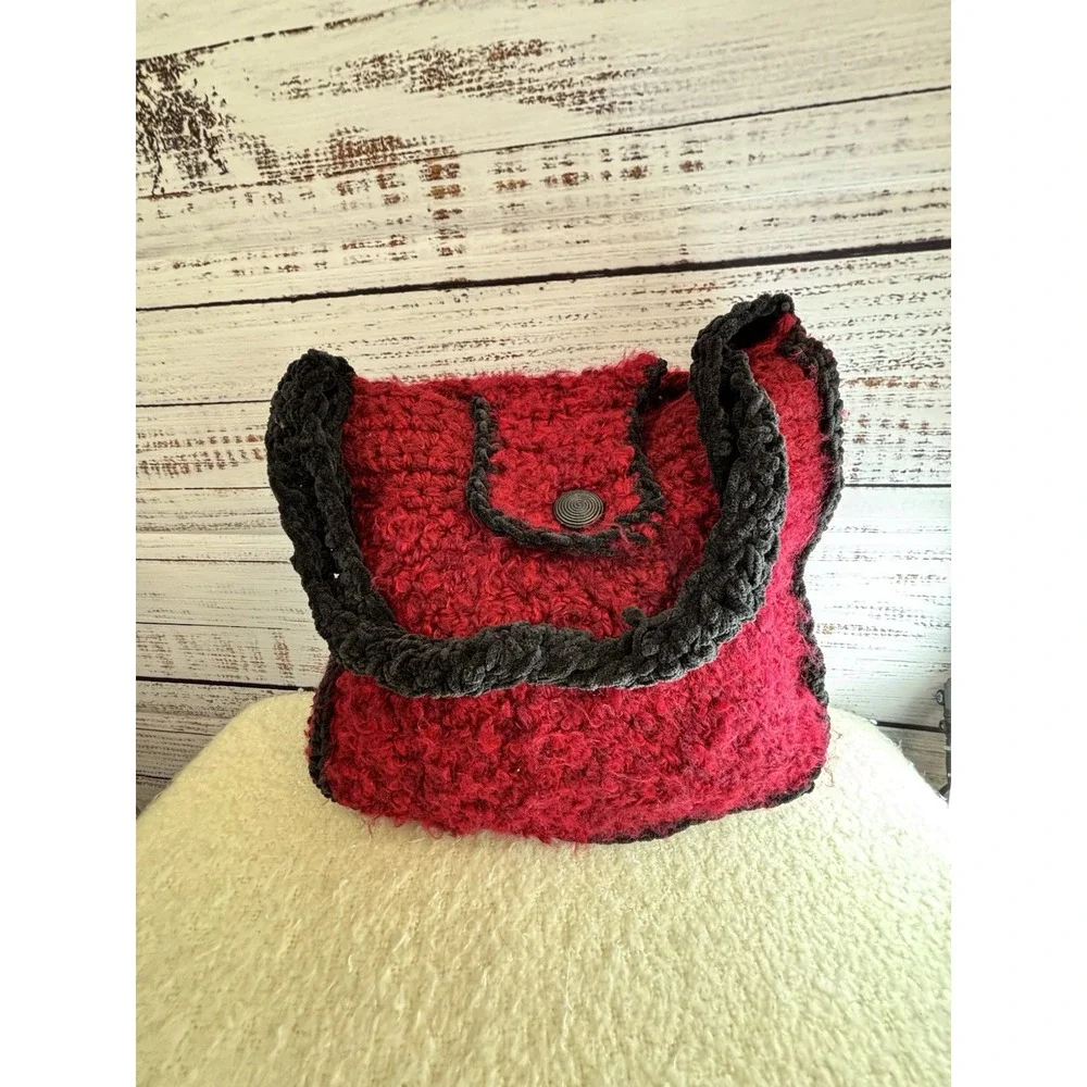 Handmade Crochet Purse Lined Red Black Fuzzy Whimsigoth Fairy Grunge Witchy